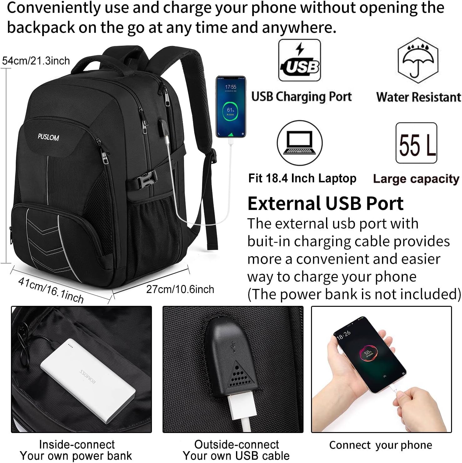 Extra Large Backpack 55L,18.4 Inch Travel Laptop Work Bag with USB Charging Port Big Business Flight Approved TSA Heavy Duty Computer Rucksack for Men Women College School,Black - Image 2
