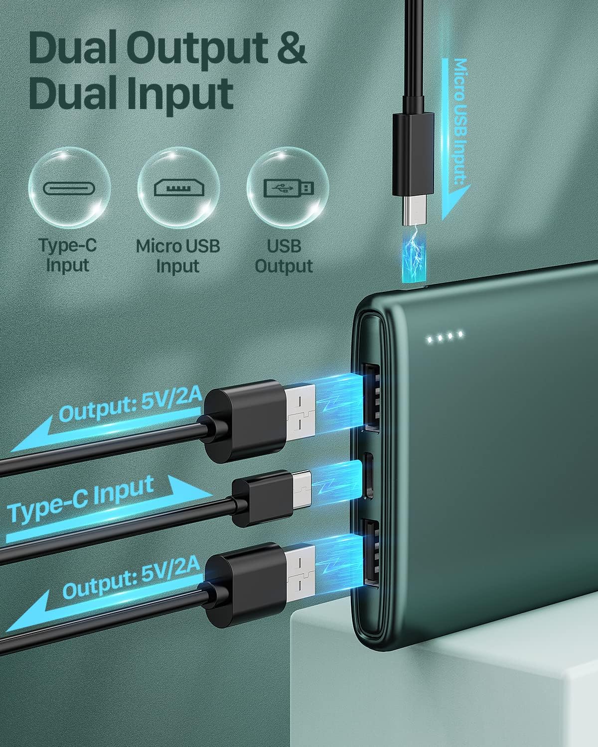 Coolreall Power Bank 10000 mAh, Slim & Light Portable Charger, Battery Pack Fast Charging with USB-C (In & Out), 2 USB Ports Output & Micro USB Input, Powerbank Compatible with iPhone, Samsung, iPad - Image 3