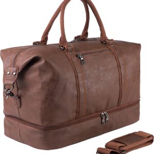 Leather Travel Bag with Shoe Pouch,Weekender Overnight Bag Waterproof PU Leather Large Carry On Bag Travel Tote Duffel Bag for Men or Women