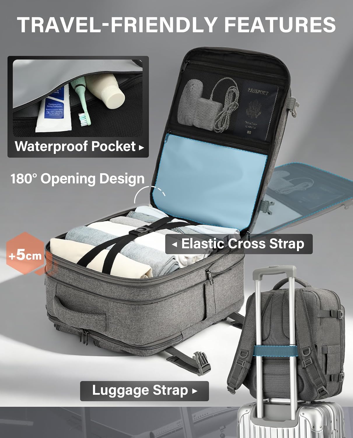 Ryanair EasyJet Eurowings Wizz Air Cabin Bag Expandable 40x30x20 to 40x30x25, 24L to 30L, Underseat Hand Luggage For Travel Fits 15.6 Inch Laptop grey - Image 5