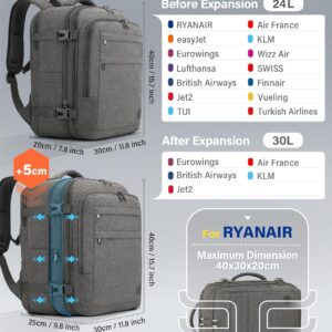 Ryanair EasyJet Eurowings Wizz Air Cabin Bag Expandable 40x30x20 to 40x30x25, 24L to 30L, Underseat Hand Luggage For Travel Fits 15.6 Inch Laptop grey