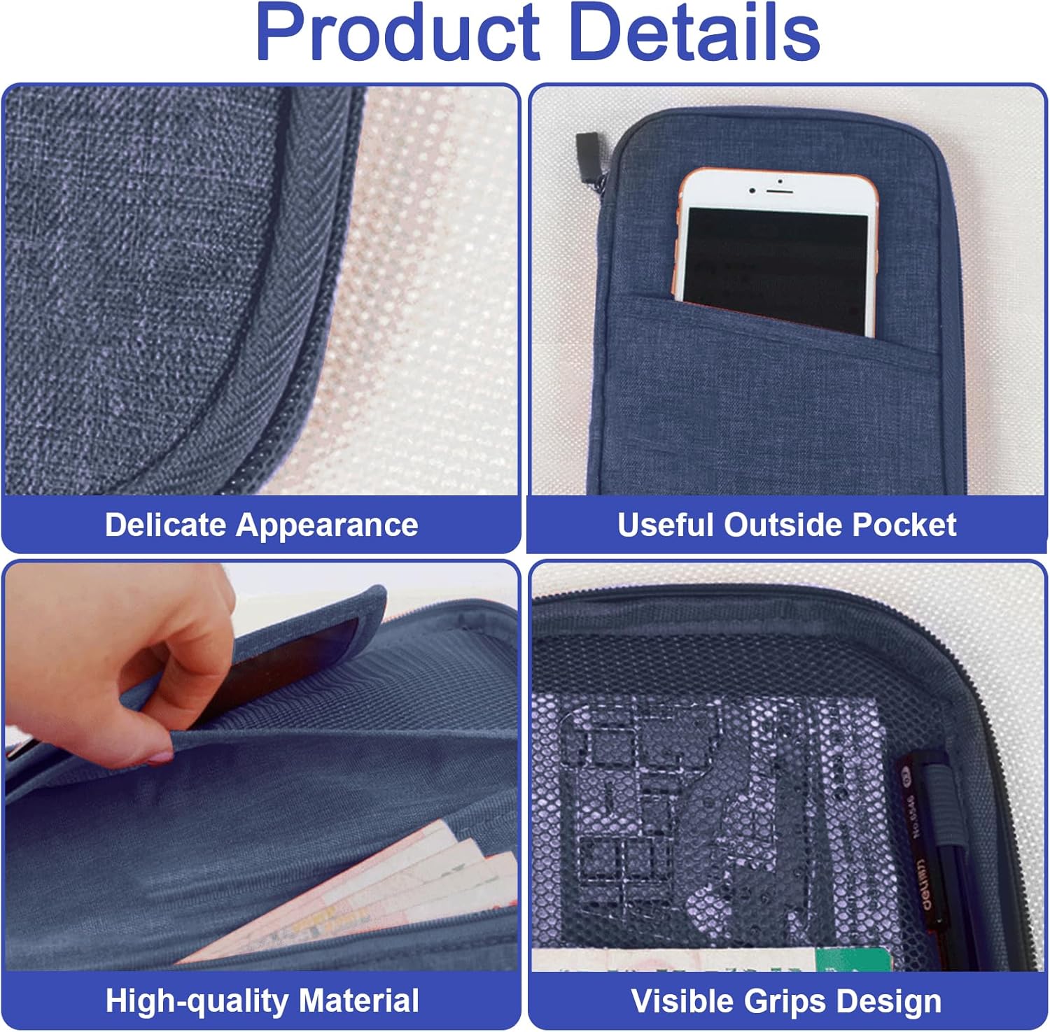 Passport Holder Travel Wallet, Large Capacity Travel Document Holder, RFID Blocking Waterproof Portable Travel Wallet Organiser for Cash Passport ID Card Credit Cards Flight Ticket Pen (Navy Blue) - Image 3