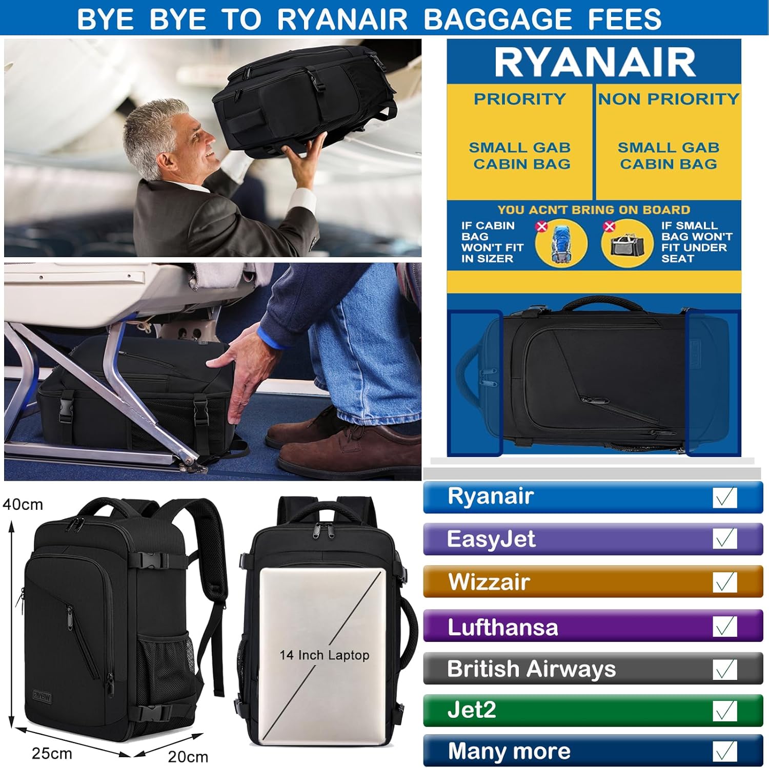 Cabin Bags 40x20x25 for Ryanair Underseat 20L Small Travel Hand Luggage Backpack Carry-ons Bag Cabin Size for Airplanes Flight Bag Travel Rucksack Fit 14 Inch Laptop with USB Charging Port-Black - Image 2