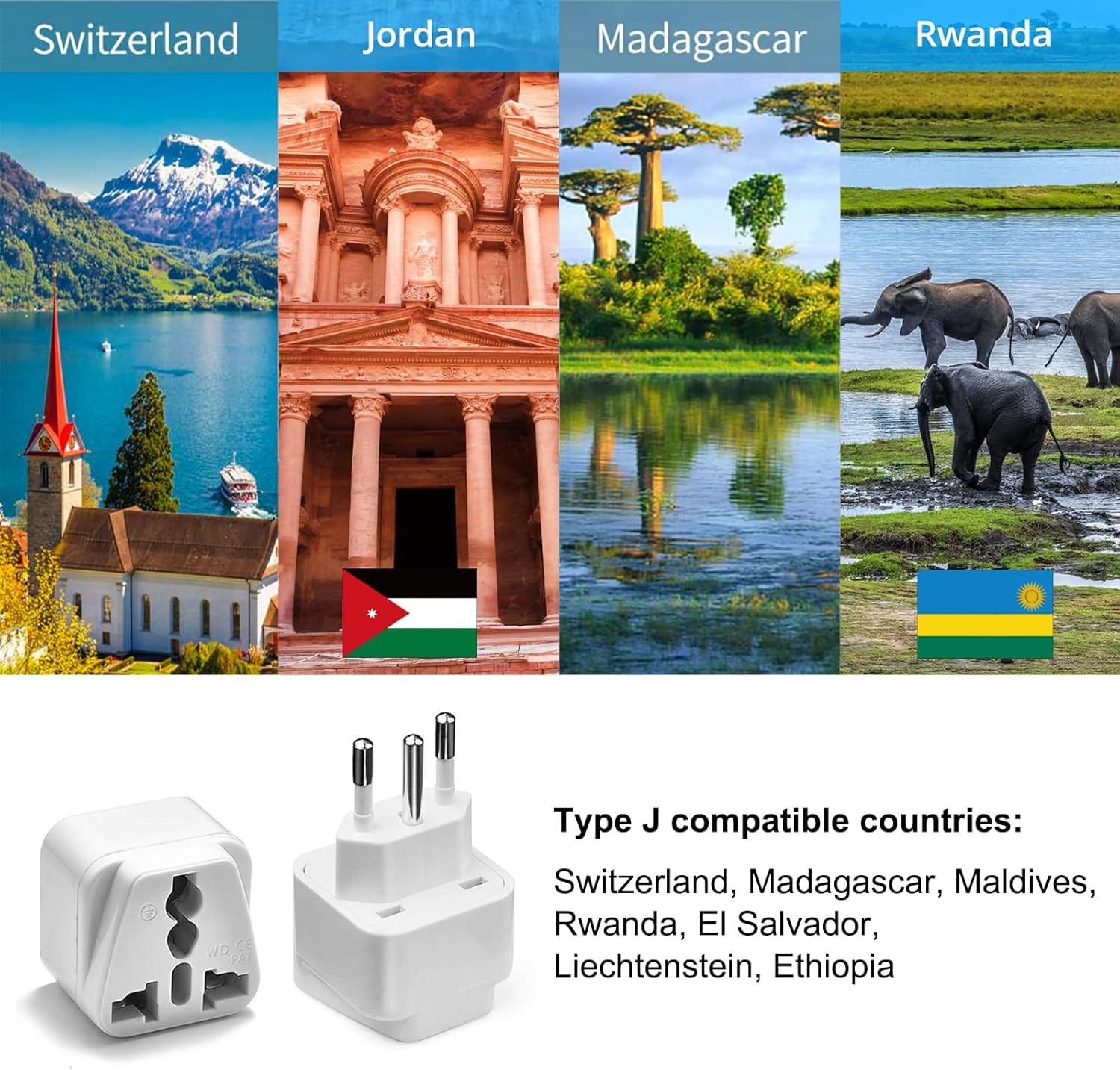 3-Pack UK to Switzerland Plug Adapters, Switzerland Swiss Plug Adaptor, Swiss Travel Adapter 3 Pin Grounded International Universal for Swiss, Jordan, Liechtenstein, Madagascar, Rwanda (Type J-White) - Image 7