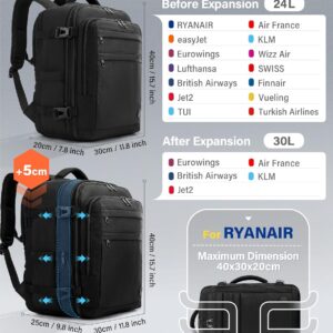 Ryanair EasyJet Eurowings Wizz Air Cabin Bag Expandable 40x30x20 to 40x30x25, 24L to 30L, Underseat Hand Luggage For Travel Fits 15.6 Inch Laptop black