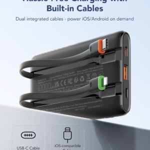 VEGER Power Bank with Built-in Cables 10000mAh,Slim Portable Charger USB C Battery Pack Phone Charger,Travel Essentials Fast Charging Compatible with iPhone,iPad,Android Phone,Heated Vest and More