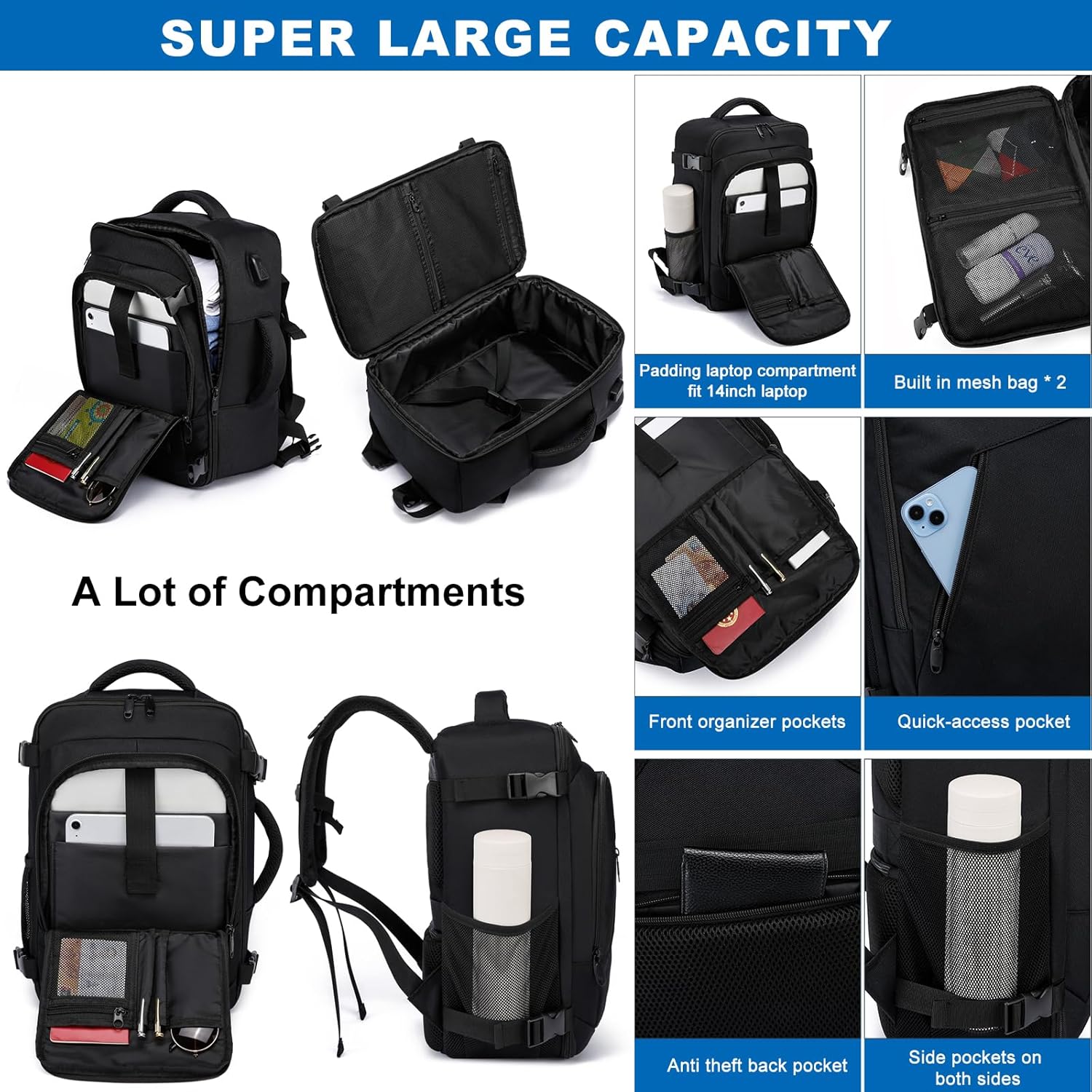 Cabin Bags 40x20x25 for Ryanair Underseat 20L Small Travel Hand Luggage Backpack Carry-ons Bag Cabin Size for Airplanes Flight Bag Travel Rucksack Fit 14 Inch Laptop with USB Charging Port-Black - Image 3