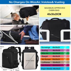 WENIG Ryanair Cabin Bags 40x30x20 Underseat 24L Small Travel Backpack Cabin Size Rucksack for Plane Hand Luggage Backpack Flight Bag Ryan Air Cabin Bag Fit 14 Inch Laptop with USB Charging Port-Black